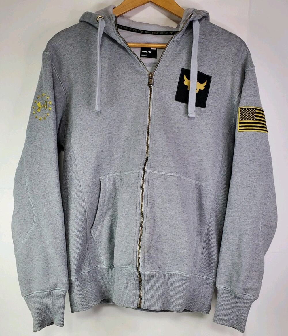 Under Armour Project Rock Freedom Hoodie Mens S Gray Full Zip USA Flag Bull